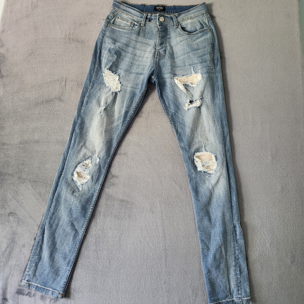 Boohoo Man Jeans Mens 32x34 Blue Distressed Denim Stretch Medium Wash‎